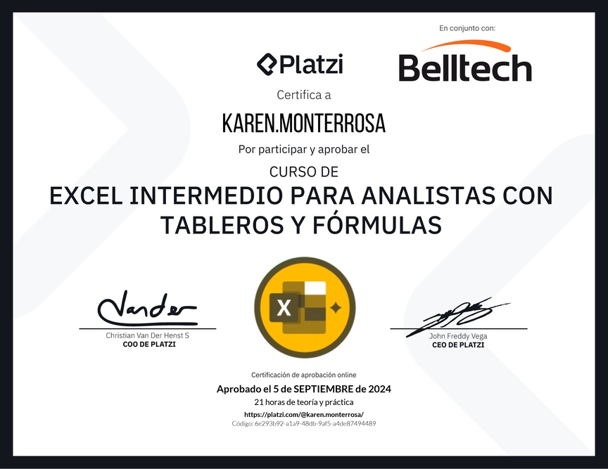 Diploma del Curso de Excel Intermedio para Analistas con Tableros y Fórmulas