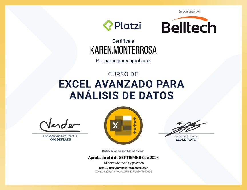 Diploma del Curso de Excel Avanzado para Análisis de Datos