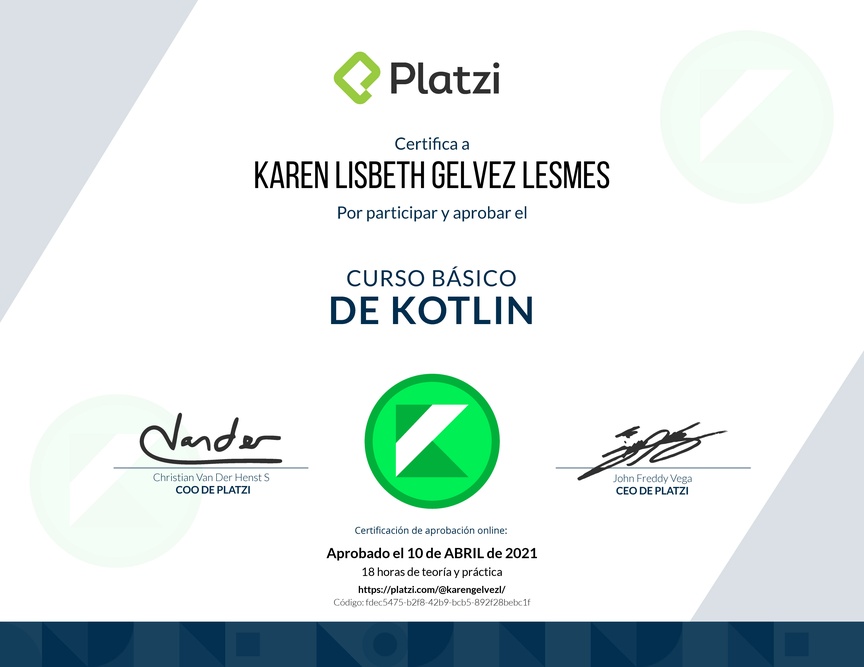 Diploma del Curso Básico de Kotlin 2019