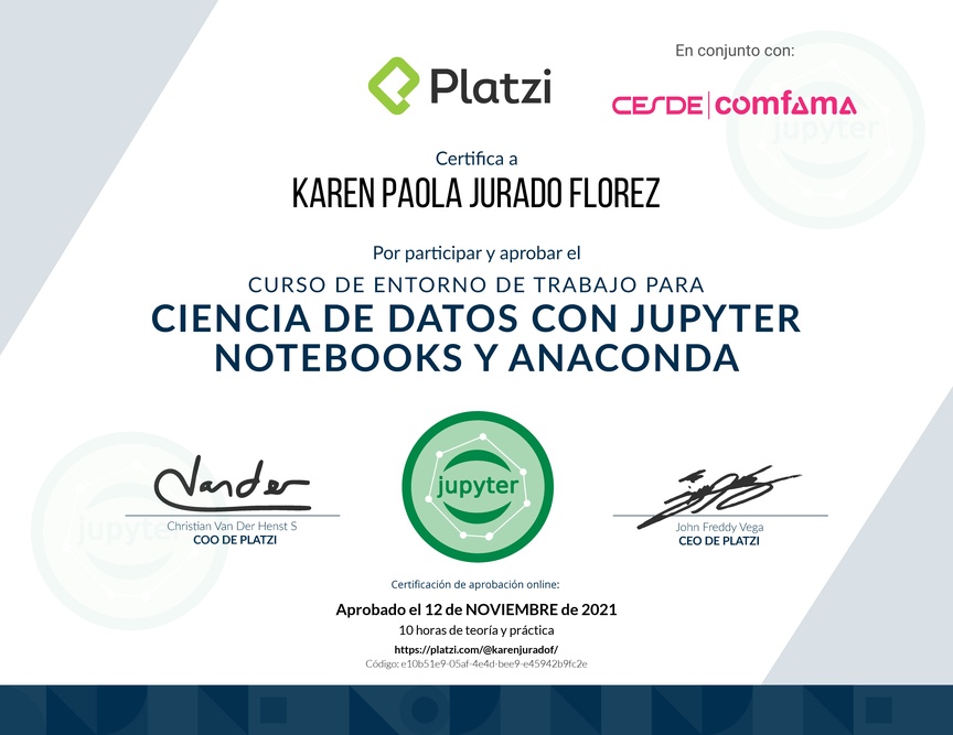 Diploma del Curso de Entorno de Trabajo para Ciencia de Datos con Jupyter Notebooks y Anaconda