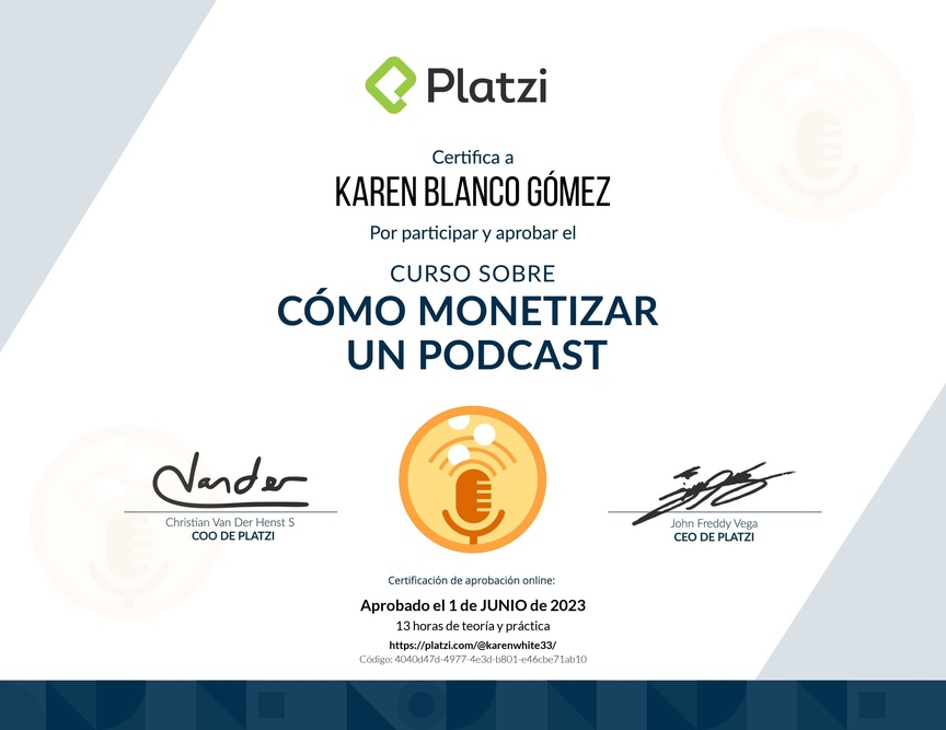 Diploma del Curso sobre Cómo Monetizar un Podcast