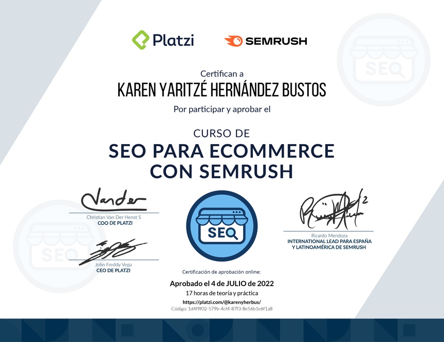 Diploma del Curso de SEO para E-Commerce con Semrush