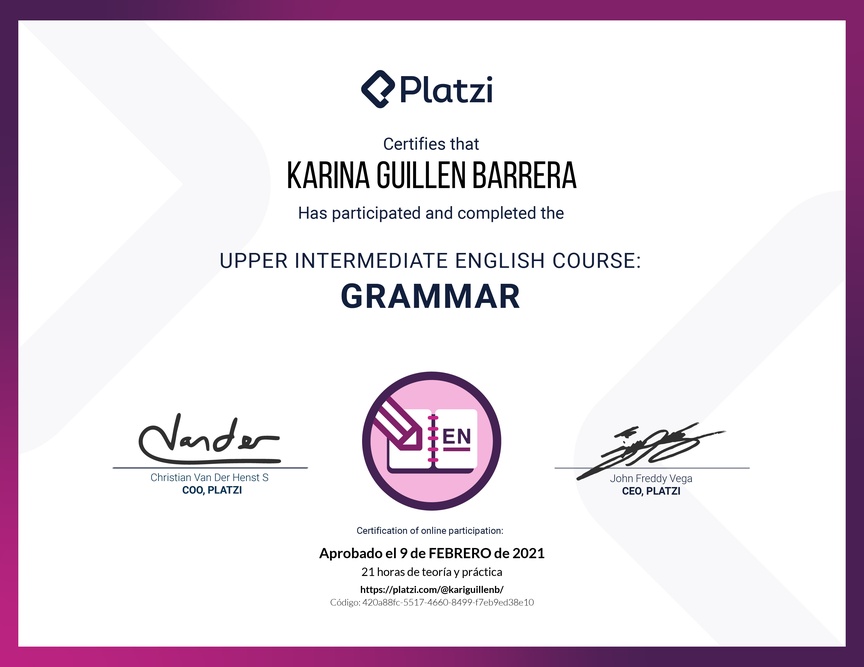Diploma del Curso Intermedio Alto de Gramática en Inglés (2020)