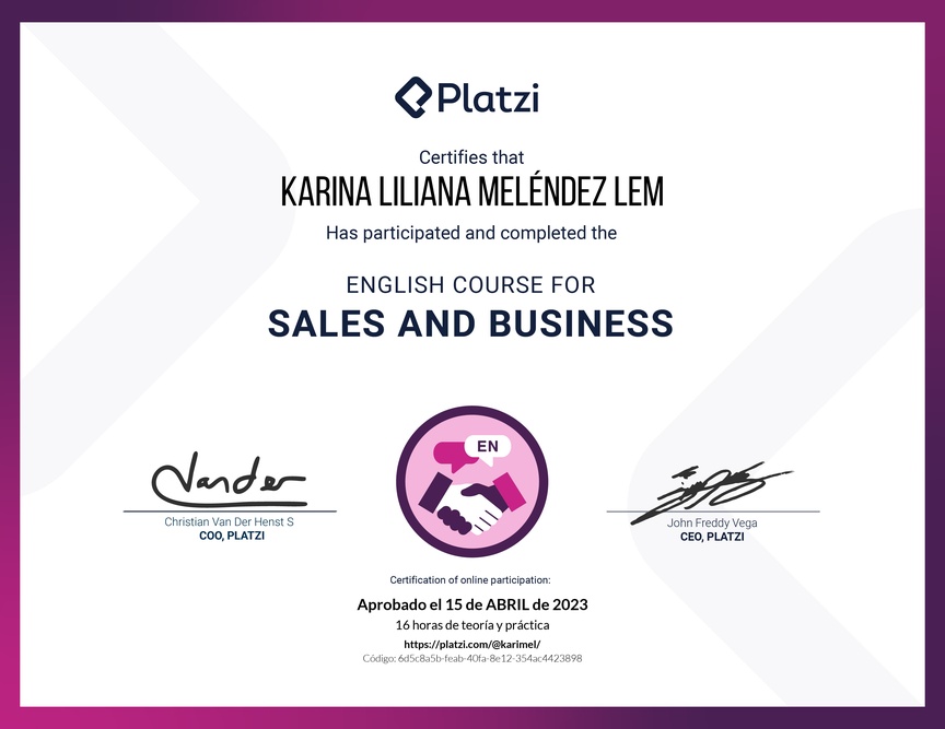 Diploma del Curso para Ventas y Negocios en Inglés (2020)