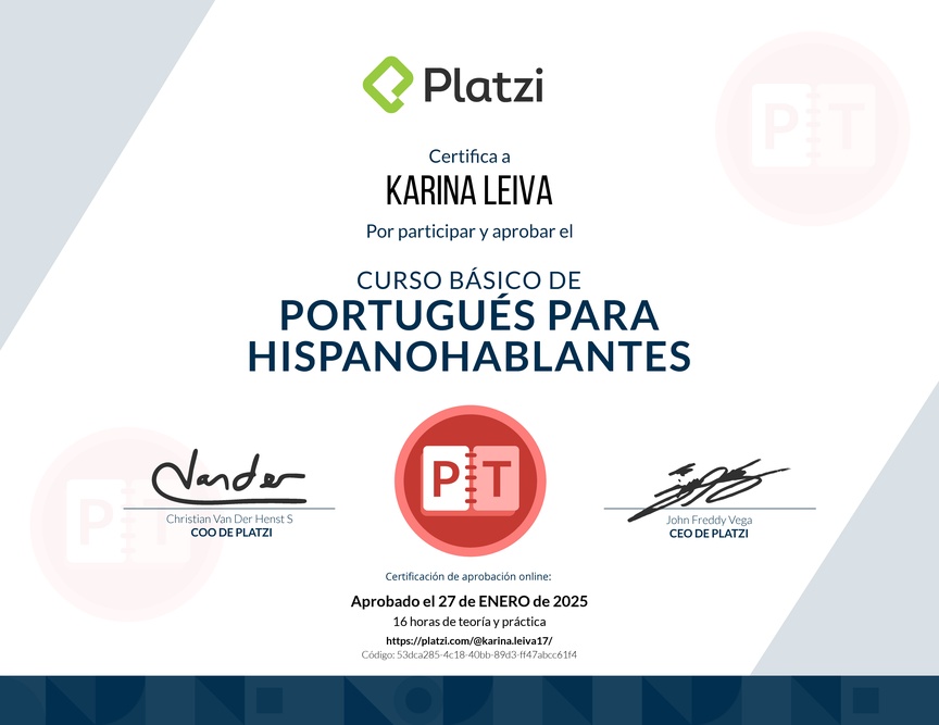 Diploma del Curso de Portugués para Hispanohablantes