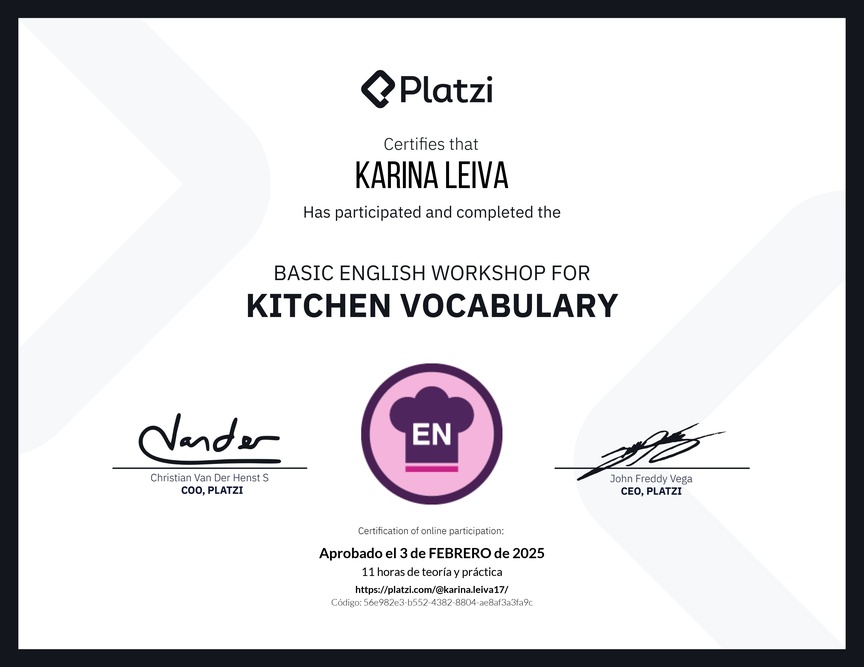 Diploma del Curso de Inglés Práctico sobre Vocabulario de Cocina