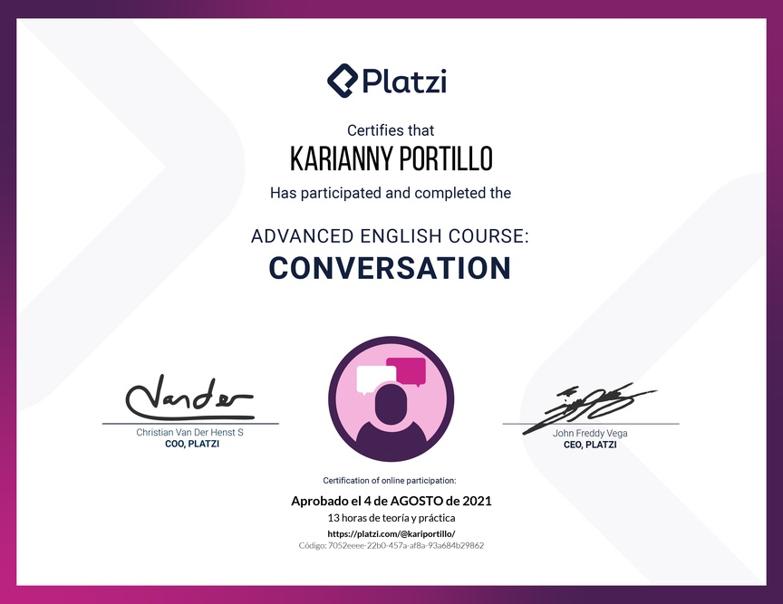 Diploma del Curso de Inglés Avanzado: Conversación 2020