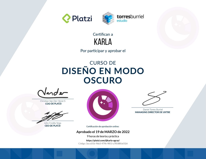 Diploma del Curso de Diseño en Modo Oscuro