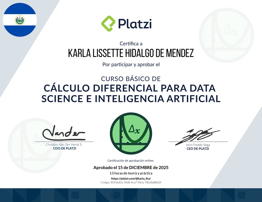 Diploma del Curso Básico de Cálculo Diferencial para Data Science e Inteligencia Artificial
