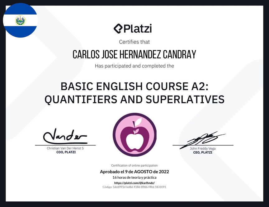 Diploma del Curso de Inglés Básico A2: Cuantificadores y Superlativos