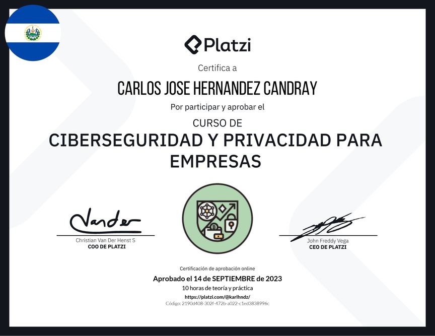 Diploma del Curso de Ciberseguridad y Privacidad Empresarial (2023)