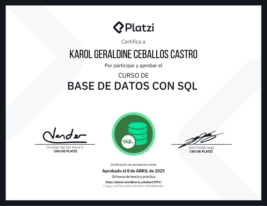 Diploma del Curso de Bases de Datos con SQL