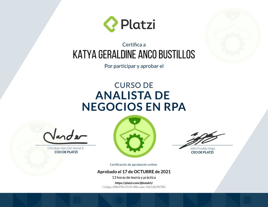 Diploma del Curso de Business Analyst para RPA