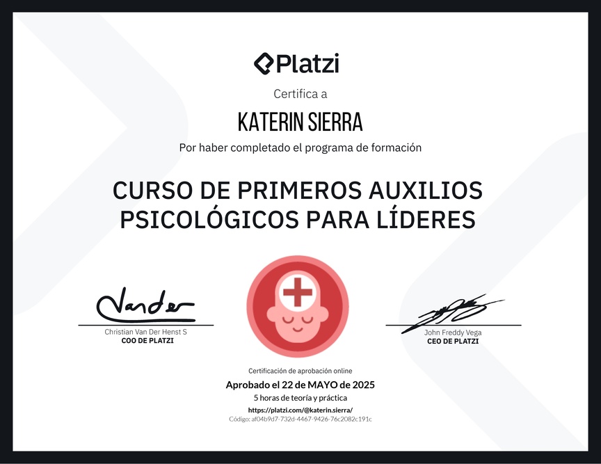Diploma del Curso de Primeros Auxilios Psicológicos para Líderes