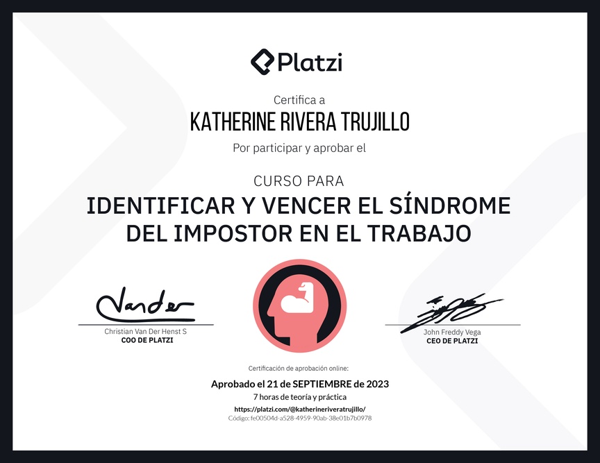 Diploma del Curso para Identificar y Vencer el Síndrome del Impostor