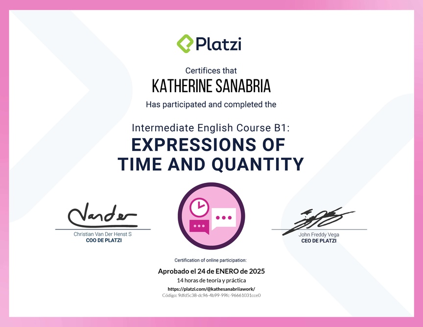 Diploma del Curso de Inglés Intermedio B1: Expresiones de Tiempo y Cantidad