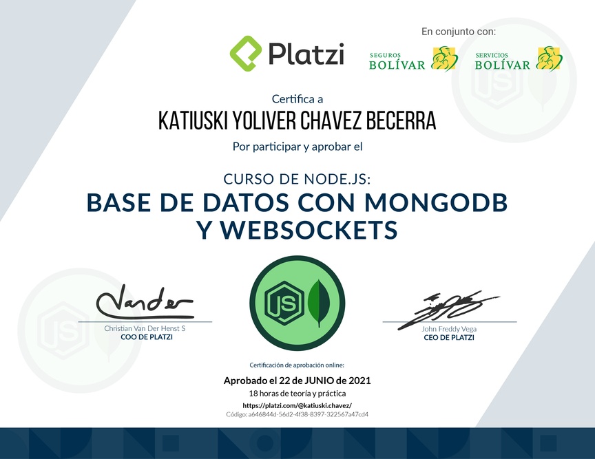 Diploma del Curso de Node.js: Base de Datos con MongoDB y WebSockets