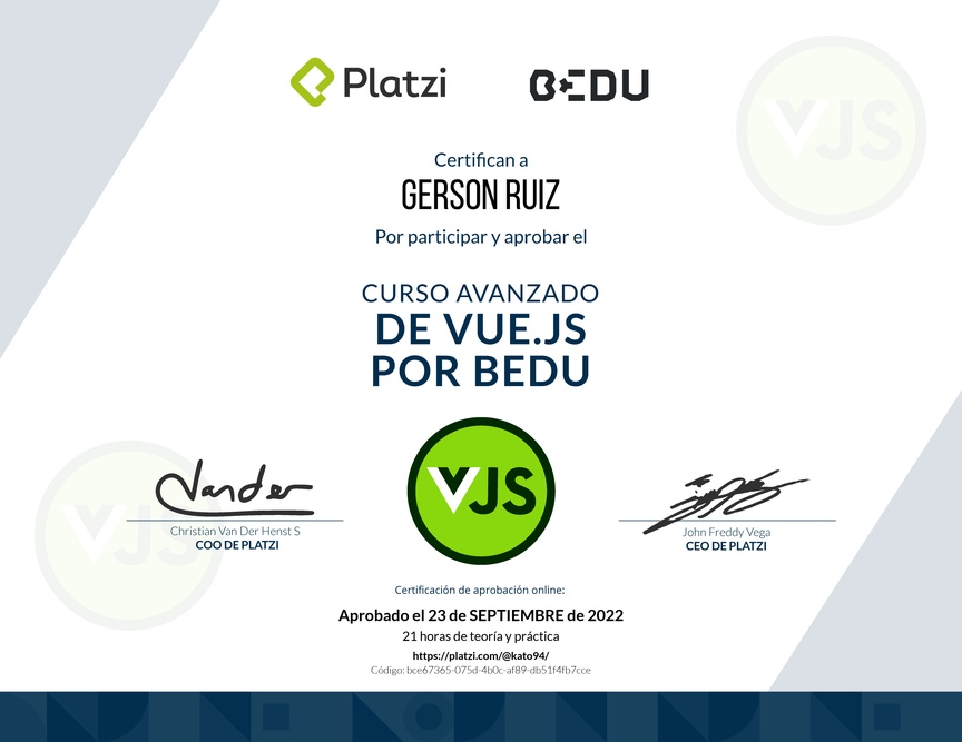 Diploma del Curso Avanzado de Vue.js 2 y Firebase por Bedu