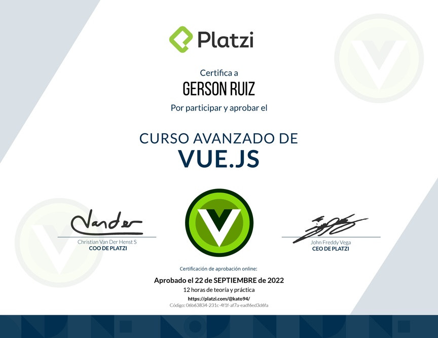 Diploma del Curso Avanzado de Vue.js 2
