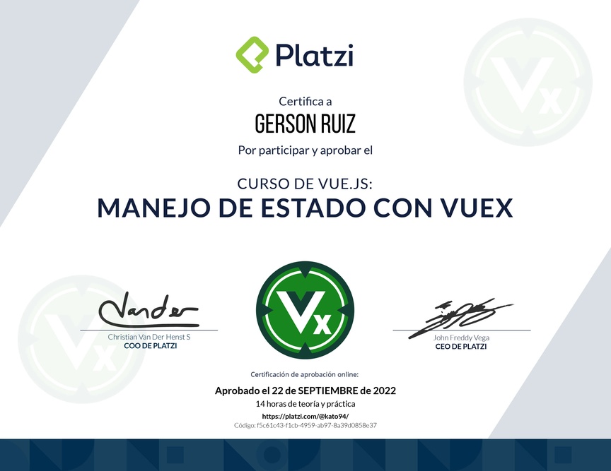 Diploma del Curso de Vue.js: Manejo del Estado con Vuex