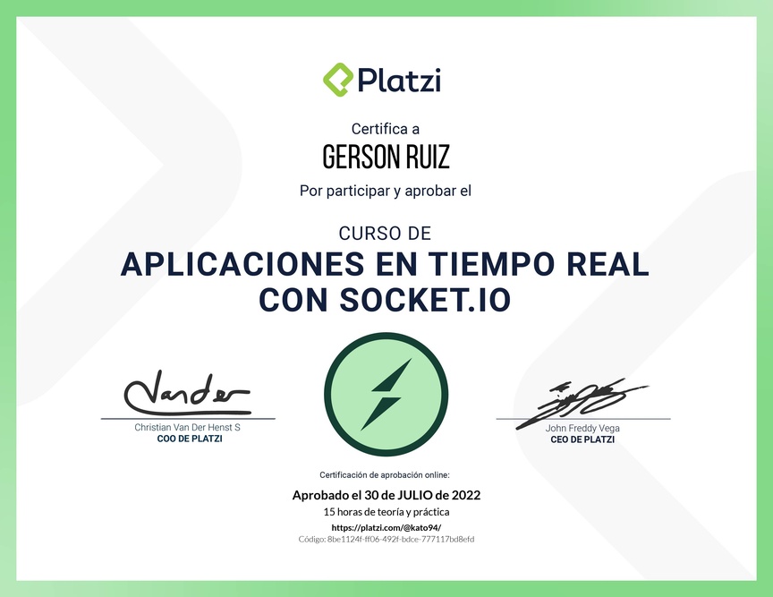 Diploma del Curso de Aplicaciones en Tiempo Real con Socket.io