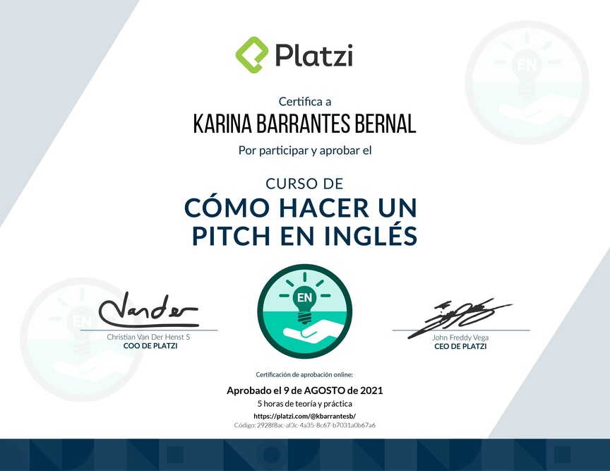 Diploma del Curso de Cómo Hacer un Pitch en Inglés para Levantar Capital