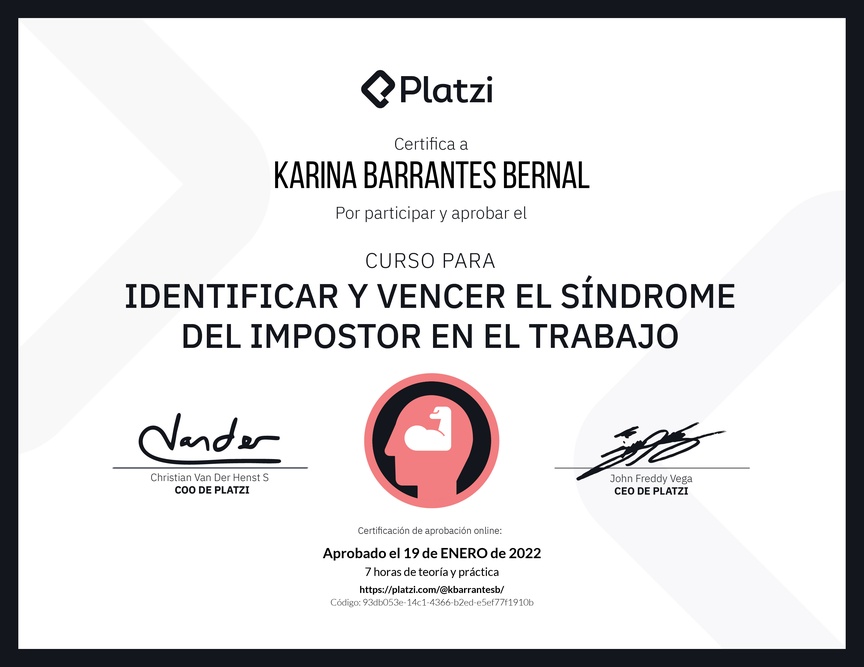 Diploma del Curso para Identificar y Vencer el Síndrome del Impostor