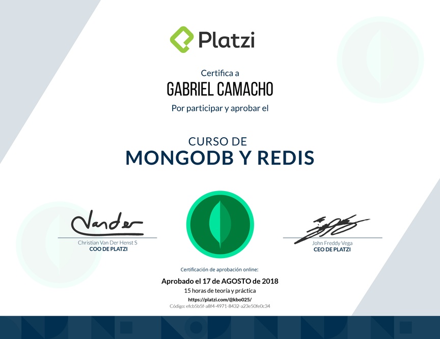 Diploma del Curso de MongoDB y Redis 2017