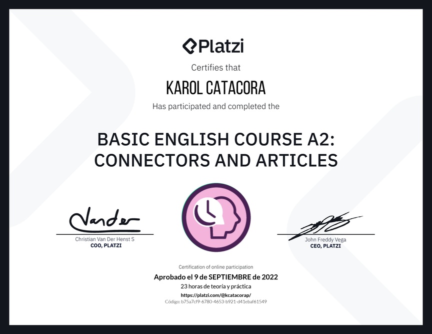 Diploma del Curso de Inglés Básico A2: Conectores y Artículos