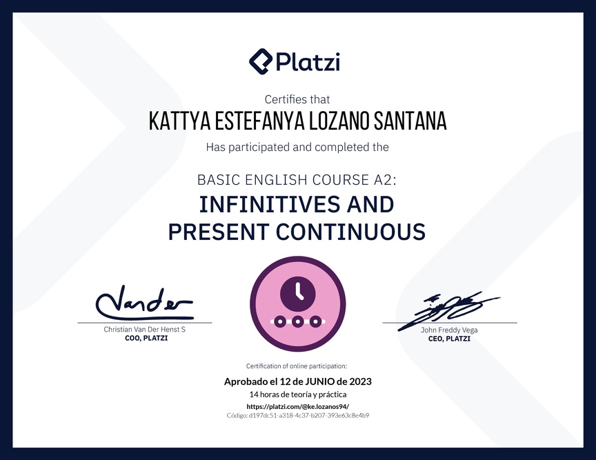 Diploma del Curso de Inglés Básico A2: Infinitivos y Presente Continuo