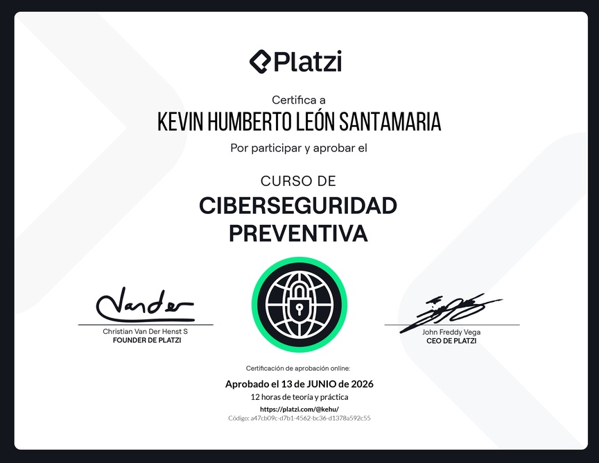 Diploma del Curso de Ciberseguridad Preventiva