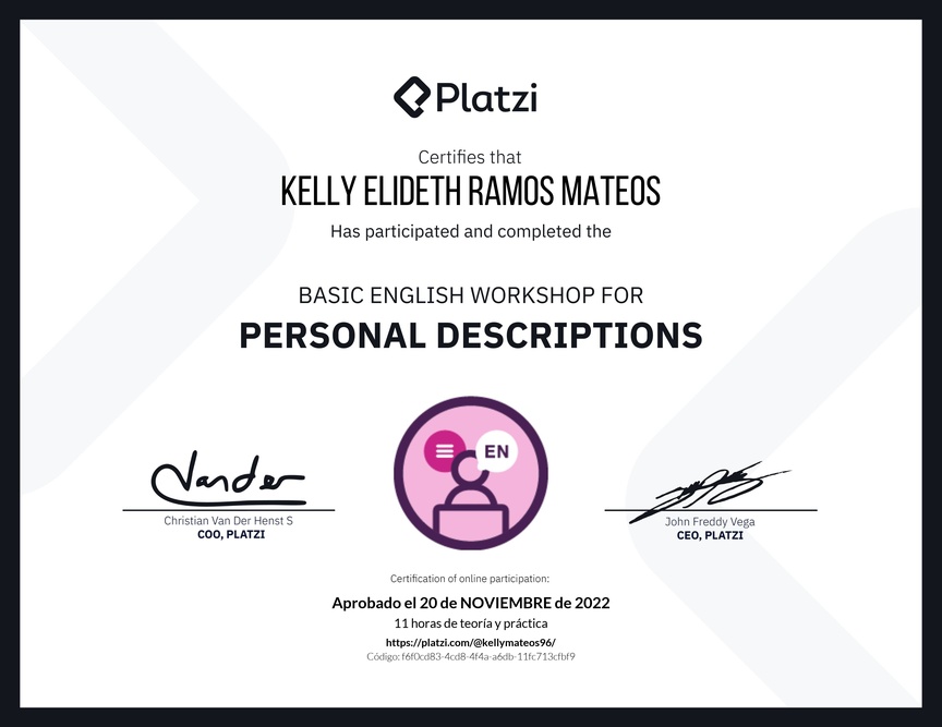 Diploma del Curso de Inglés Práctico para Descripciones Personales (2020=