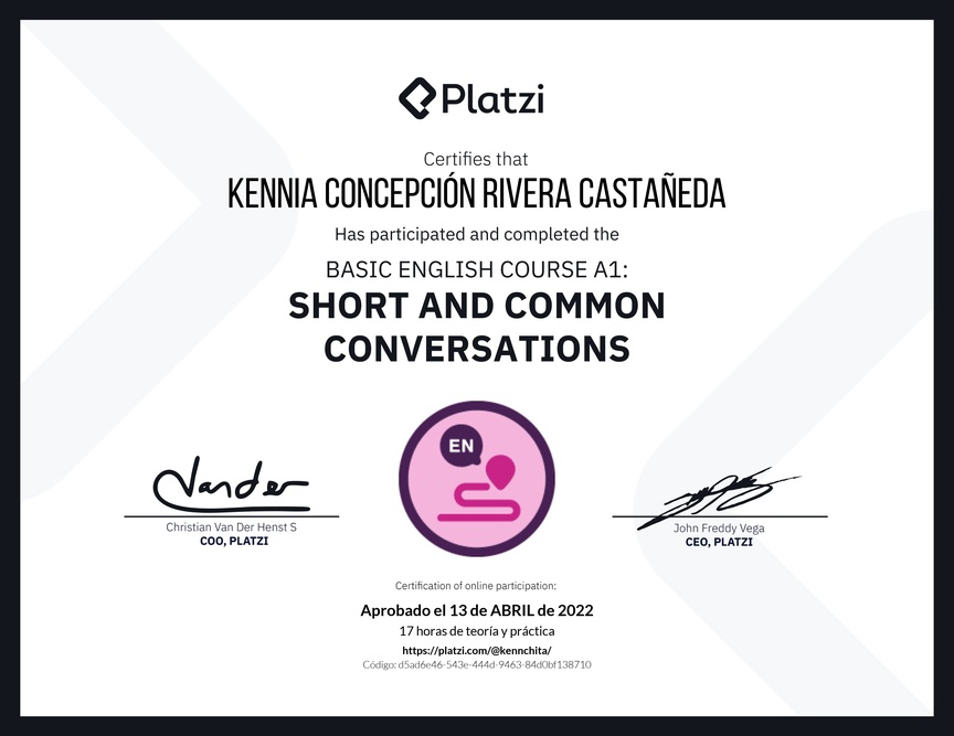 Diploma del Curso de Inglés Básico A1: Conversaciones Cortas y Habituales (2020)