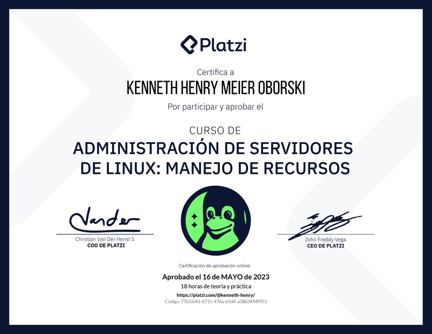 Diploma del Curso de Administración de Servidores Linux: Manejo de Recursos