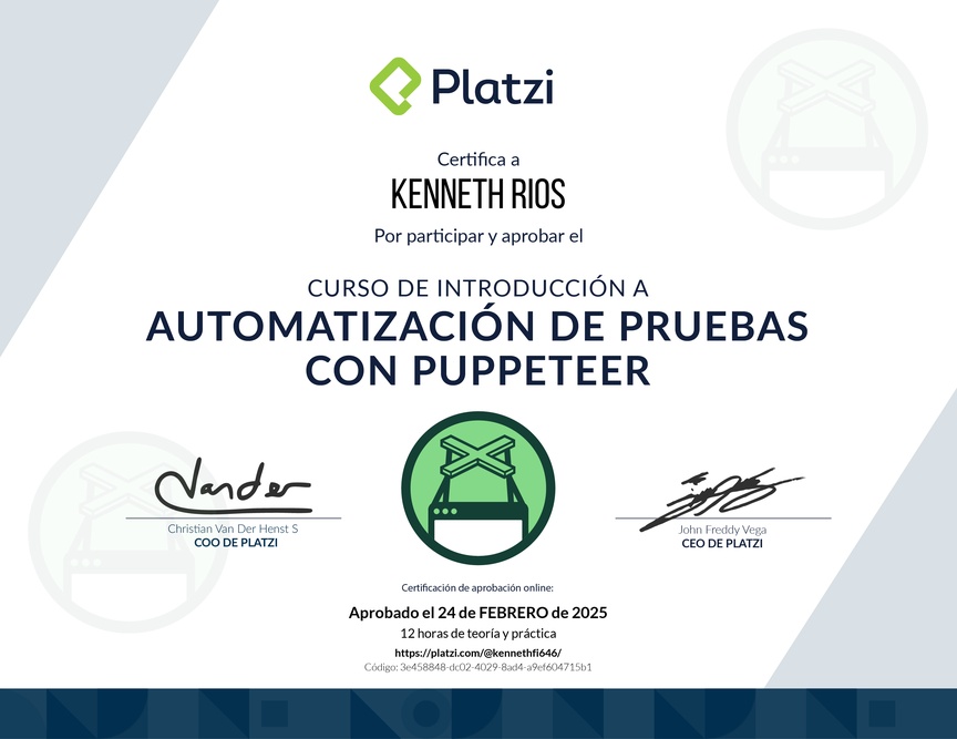 Diploma del Curso de Automatización de Pruebas con Puppeteer