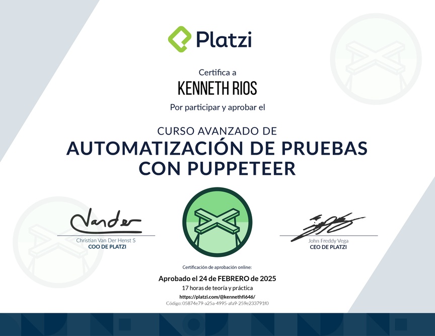 Diploma del Curso Avanzado de Automatización de Pruebas con Puppeteer