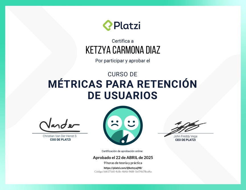 Diploma del Curso de Fundamentos de Métricas para Retención de Usuarios