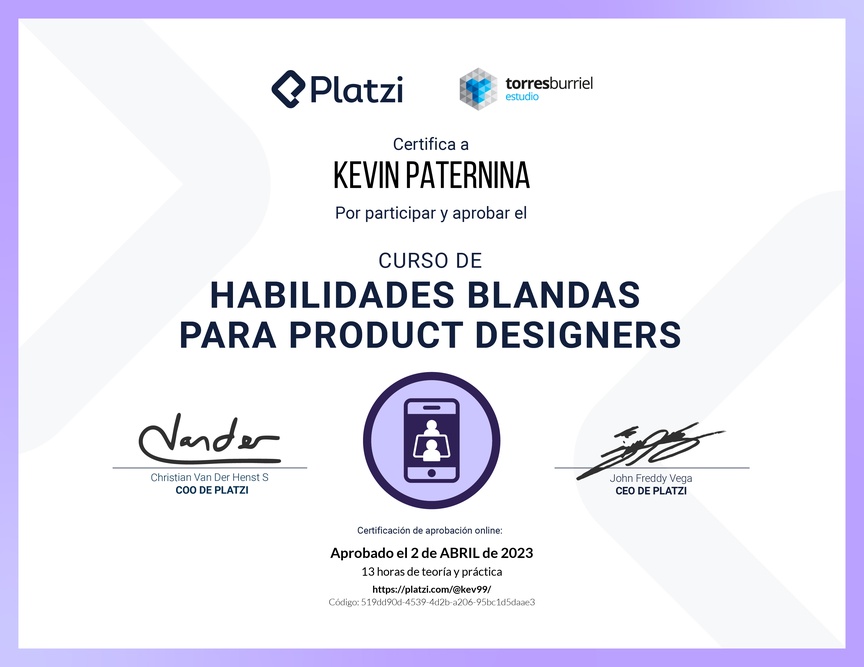 Diploma del Curso de Habilidades Blandas para Product Designers