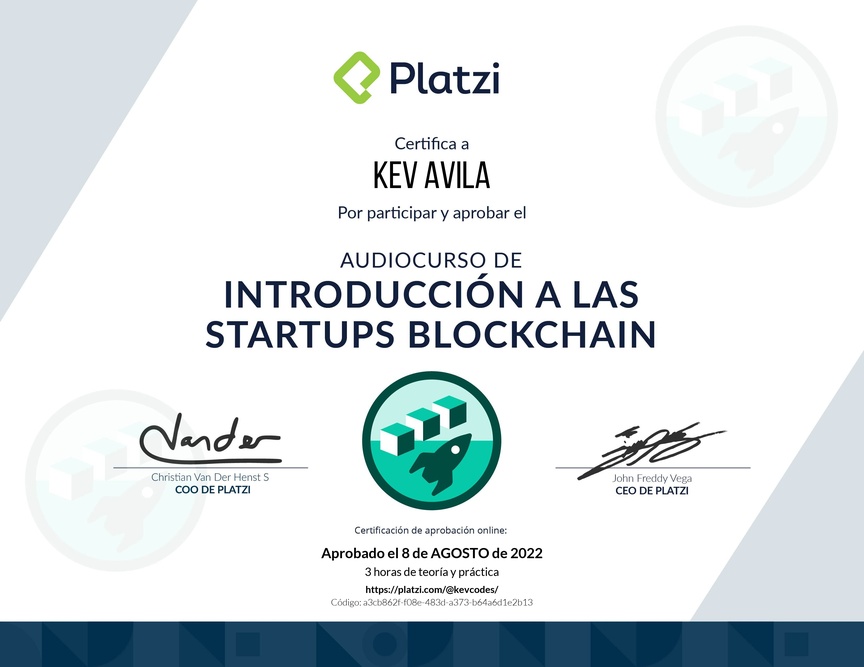Diploma de Audiocurso de Introducción a las Startups Blockchain