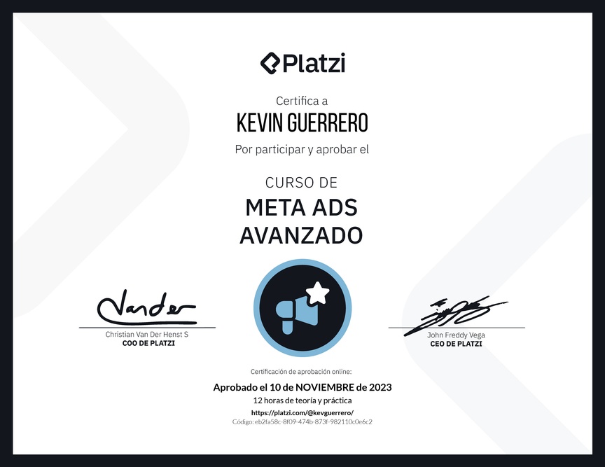 Diploma del Curso de Meta Ads Avanzado: Conoce Nuevas Funcionalidades