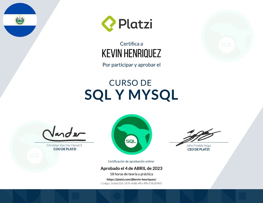 Diploma del Curso de SQL y MySQL 2018
