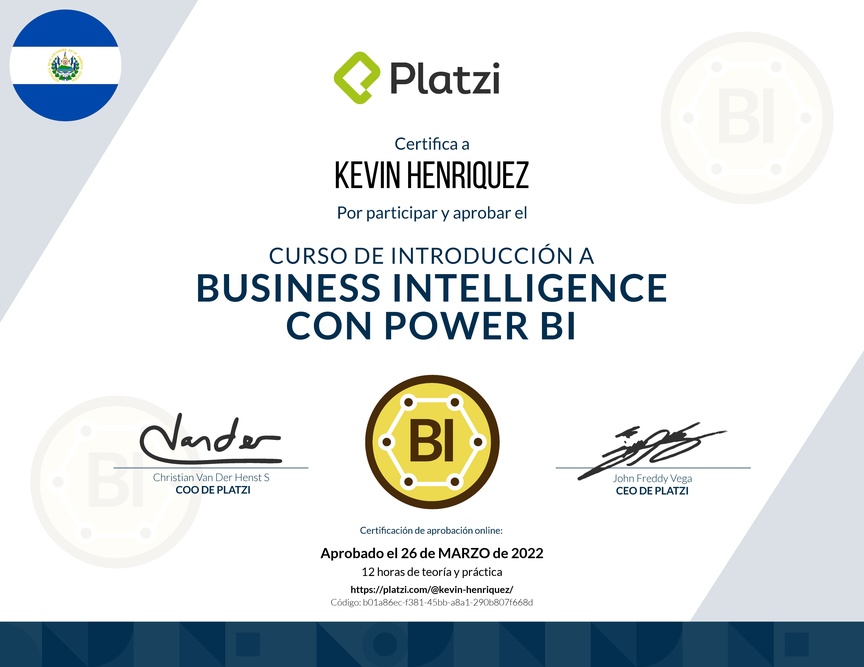 Diploma del Curso de Introducción a Business Intelligence con Power BI