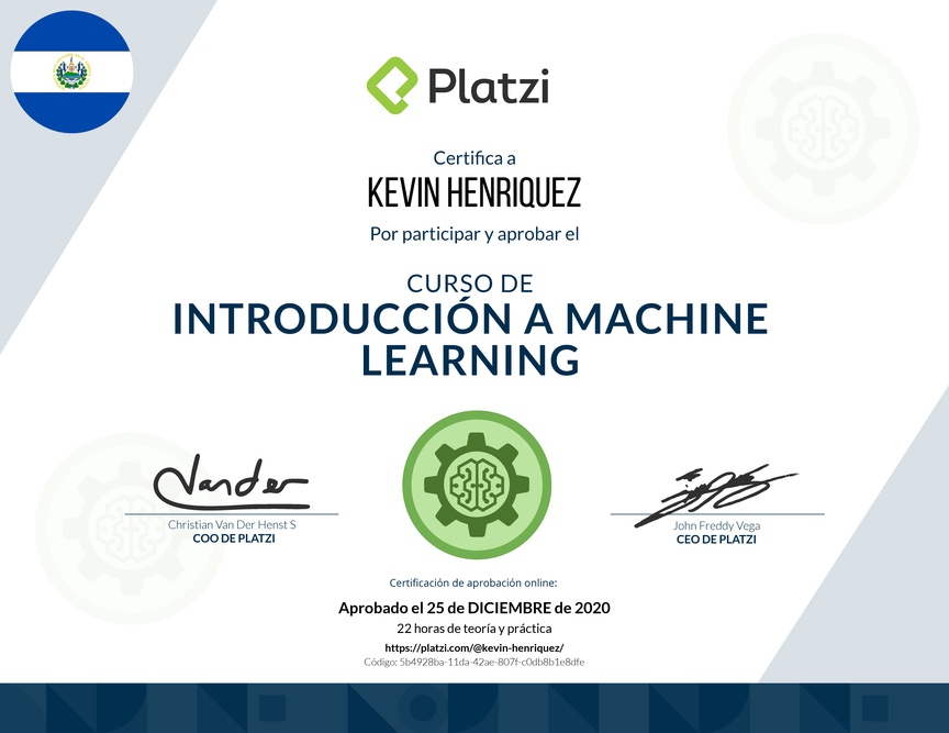 Diploma del Curso de Introducción a Machine Learning 2019