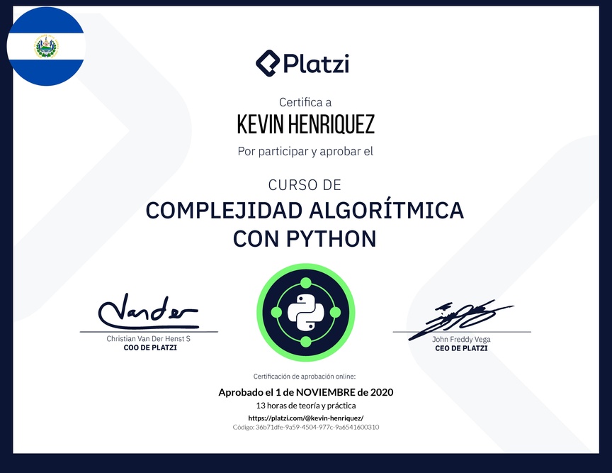 Diploma del Curso de Complejidad Algorítmica con Python