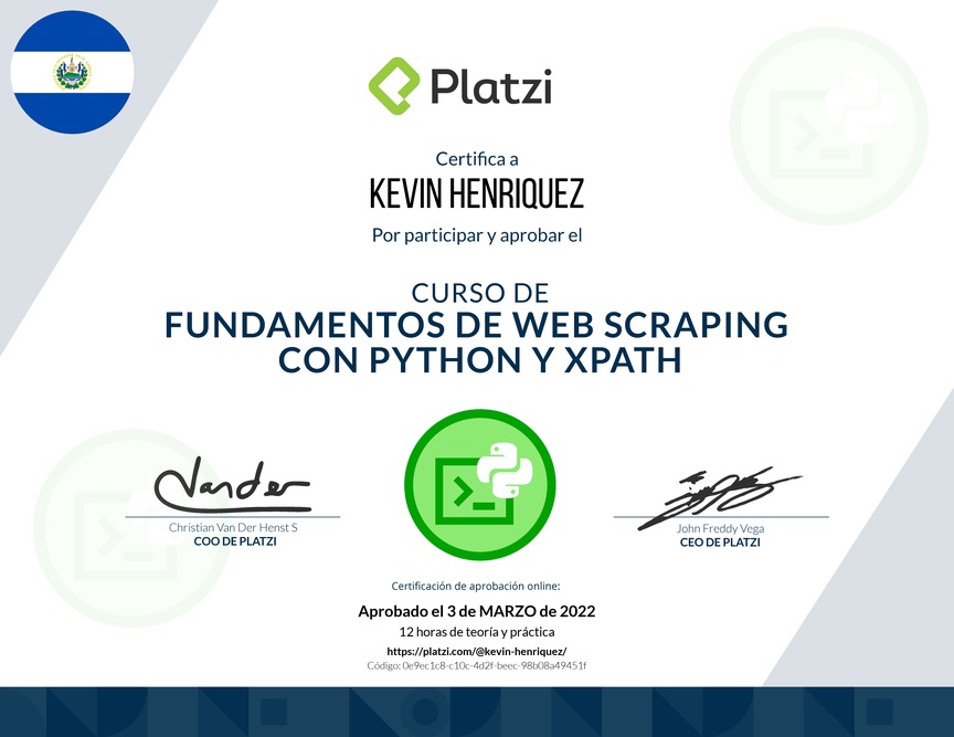 Diploma del Curso de Fundamentos de Web Scraping con Python y Xpath