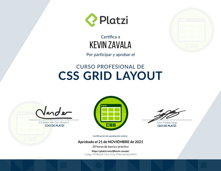 Diploma del Curso Profesional de CSS Grid Layout