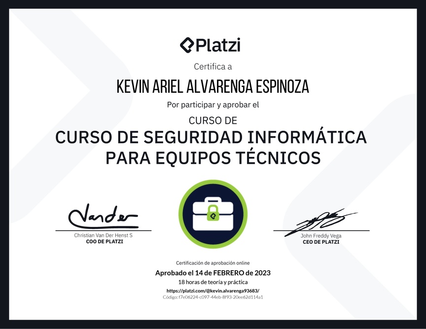 Diploma del Curso de Seguridad Informática para Equipos Técnicos