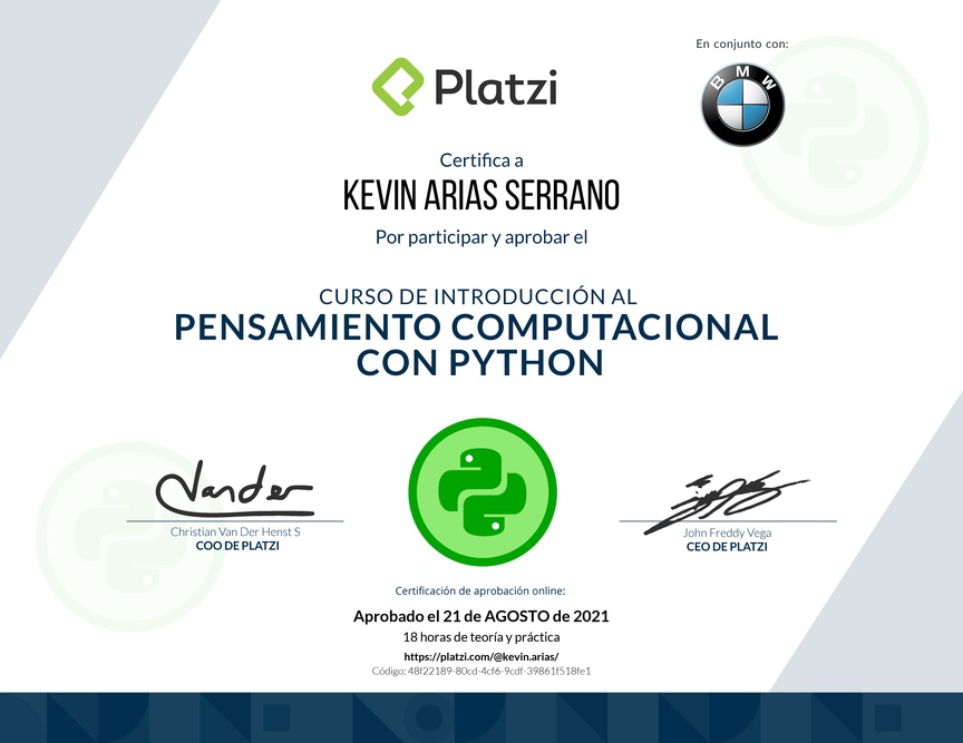 Diploma del Curso de Introducción al Pensamiento Computacional con Python