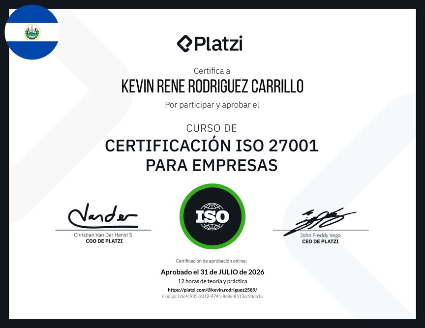 Diploma del Curso de Certificación ISO 27001 para Empresas