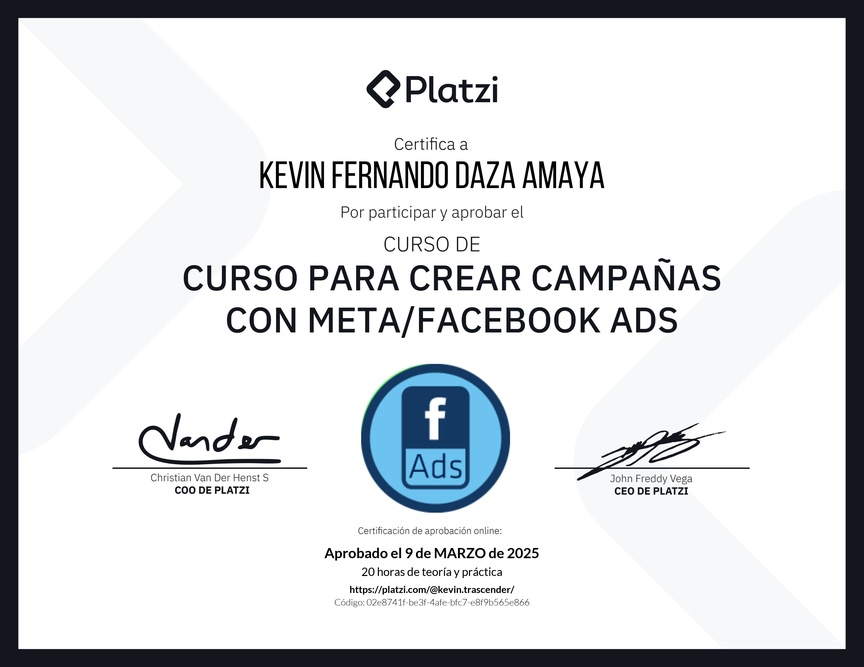 Diploma del Curso para Crear Campañas con Meta/Facebook Ads